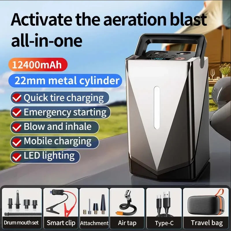 CEYYOR 5in1 12400mAh Car Jump Starter Power Bank With Air Pump Inflator/Deflator Blower Battery Booster LED Light
