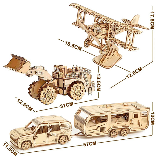 Ury 3D Wooden Puzzle Movable Retro Biplane Crane Bulldozer Handmade Assembly Truck Model DIY Toys Decoration Gift For