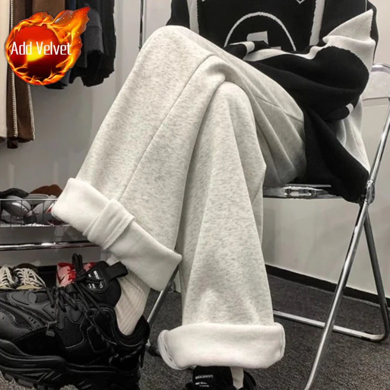 Warm Autumn Winter Men’s Fleece Lined Joggers Solid Color Zipper Casual Pants High Waist Slim Korean Style Unisex Couple Design