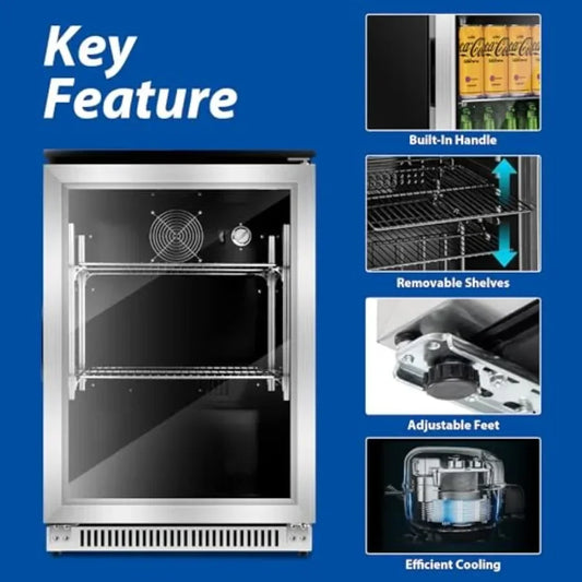 20IN Beverage Refrigerator with Glass Door for Soda Beer Drink Cooler, Stainless Steel, Black, Energy-Efficient Built-in Under