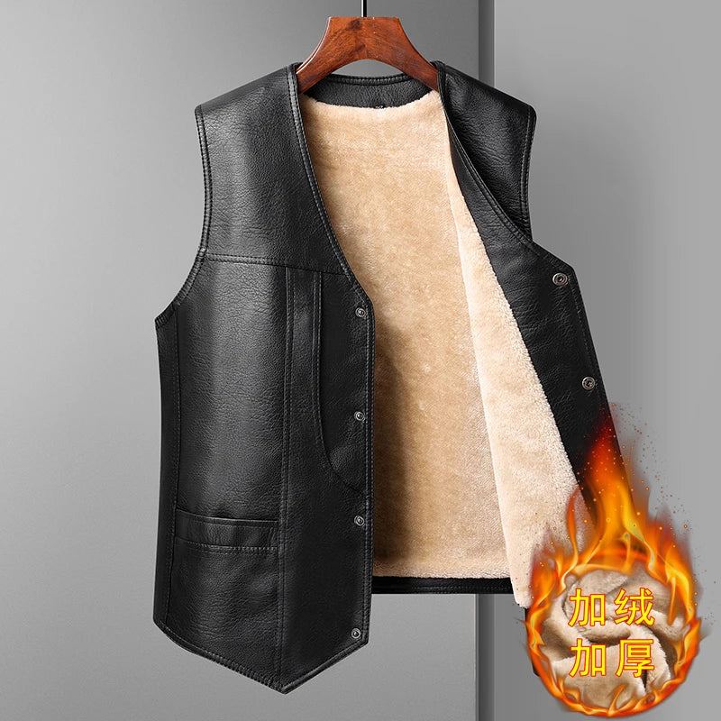 2024 Winter Men Thick Warm Fleece Leather Vest Coat Male V-Neck Single Breasted Vest Casual Male Clothing Outerwear