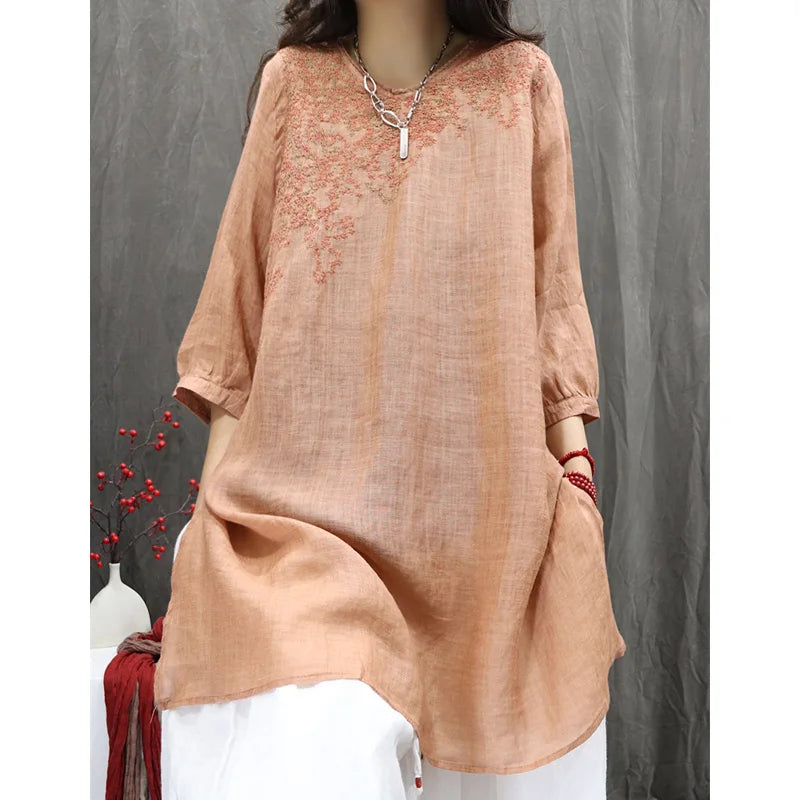 Retro Cotton Linen Embroidered Shirt Women's Thin Loose Mid-Length Open Split Top Korean Style Commute Fashion Summer 2025