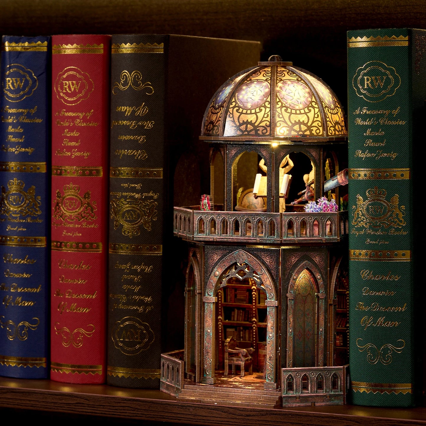 Book Nook Kit Observatory DIY 3D Wooden Puzzle Bookshelf Insert Dollhouse Model Bookend Building Home Decoration Gifts