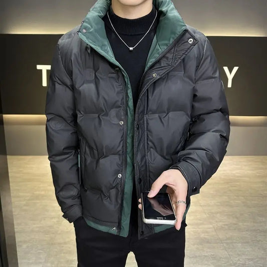 Korean Style Men's Short Down Jacket 2025 Winter Warm Slim Fit White Duck Down Coat with Stand Collar for Youth