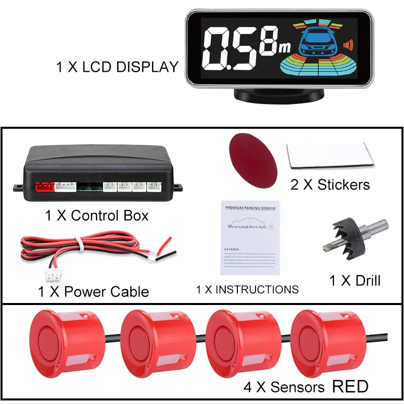 LCD Parking Sensor System Backlight Human Voice Alarm Display 4 Probes 12 Colors Backup Detector Parking Assistance Kit