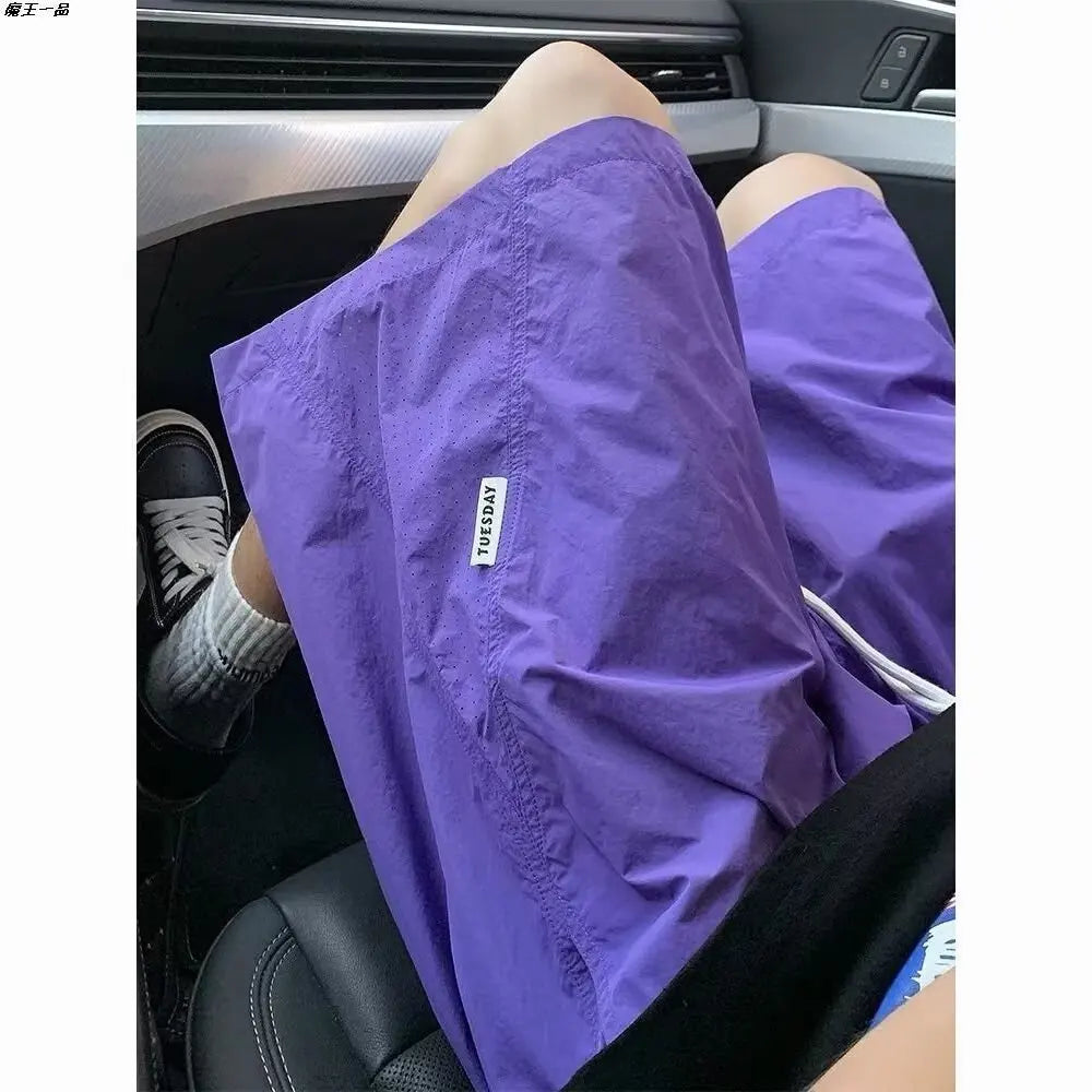 Men's American Style Quick Dry Shorts Summer Loose Fit Breathable Casual Shorts Youth Streetwear Lightweight Knee Pants