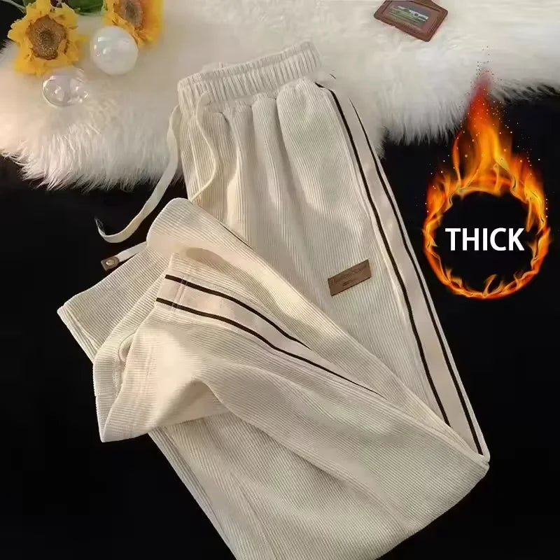 Corduroy Men Casual Sweatpants Straight Thick Wide Leg Pants Autumn Winter Streetwear Outdoor Sports Work Joggers Trousers Male