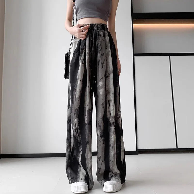 Summer Casual Loose Wide Leg Pants Women's Tie Dye Ink Ice Silk Loose Leopard Print Ethnic Style Long Pants Casual Trousers