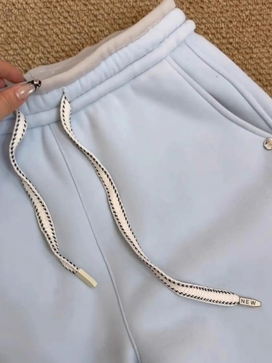 Blue Fleece Lined Thickened Sweatpants Women's Winter New Lazy Warm Cuffed Drawstring Casual Trousers High Waist Wide Leg Pants