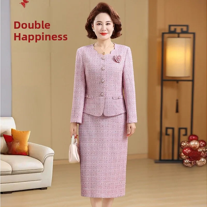 Spring 2026 New Style Small Fragrance Wind Fake Two-Piece Dress Set Elegant Ladylike Mommy Clothes Long Sleeve High Waist
