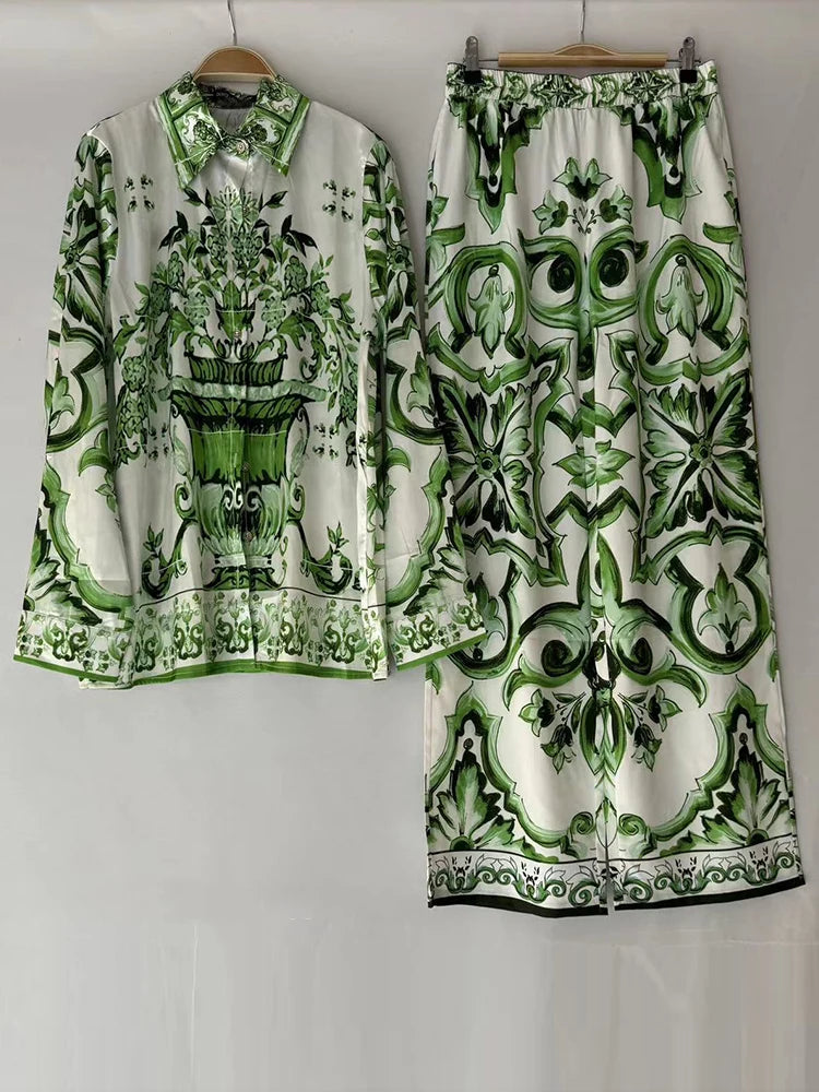 Luxury printed loose long-sleeved shirt 2024 spring and summer women's two-piece suit+elastic waist straight pants casual suit