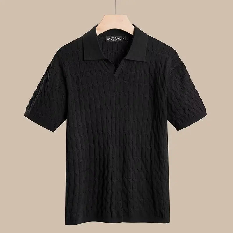 Men's Cable Knit Polo Shirt Short Sleeve V Neck Casual Summer Top 2026