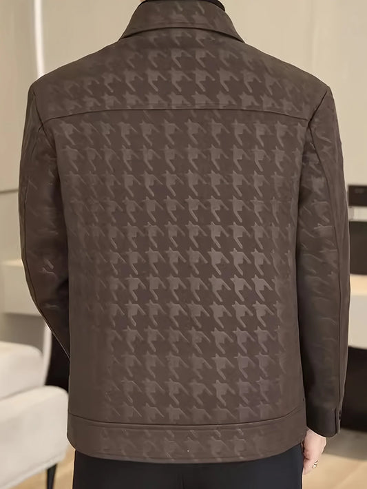 Houndstooth Business Men's Leather Jacket Pu Lapel Multi-Flap Pocket Pants