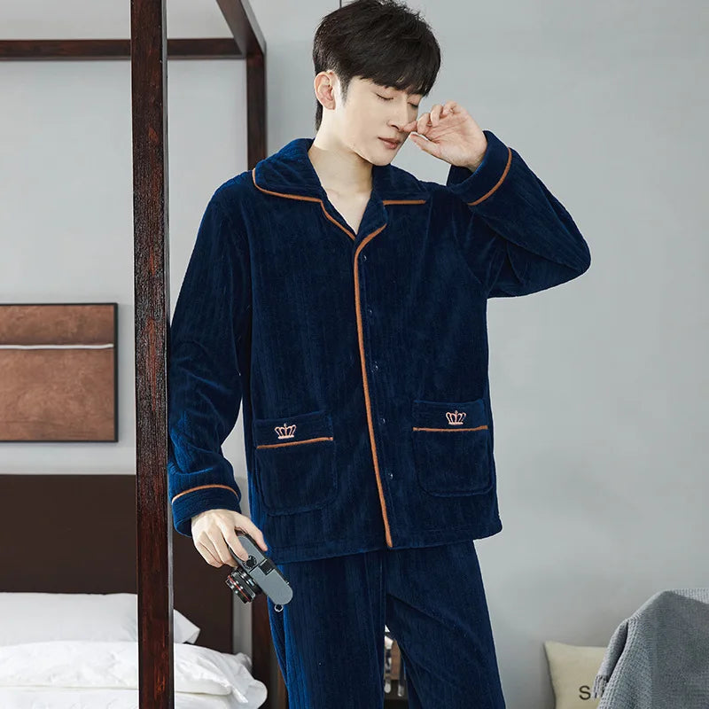 2025 New Couple Sleepwear Men's Autumn Winter Stand Collar Zipper Thick Long Sleeve Coral Fleece Home Clothes Men's Pyjamas