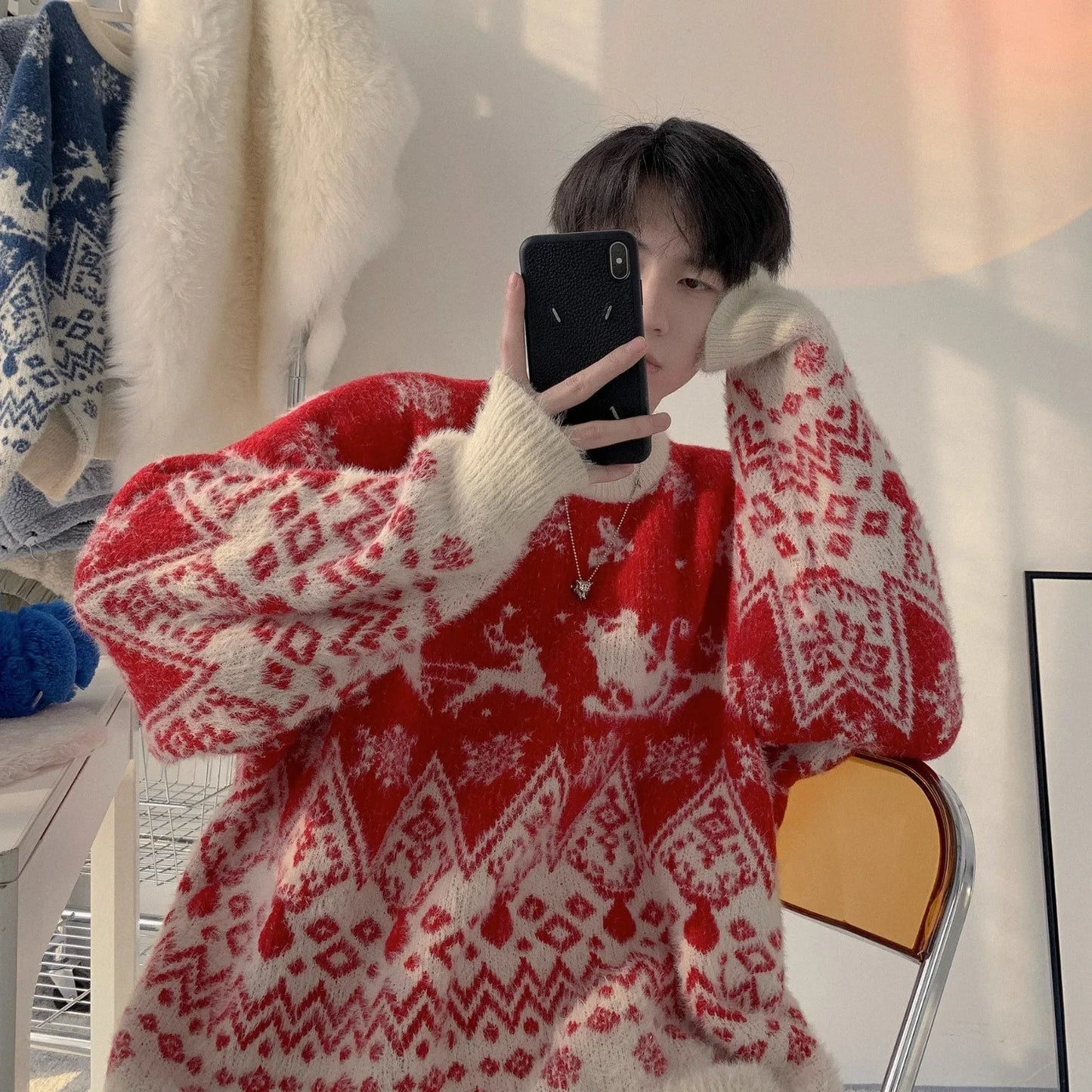 Winter Color blocked Jacquard Christmas Theme Sweater Men's Trendy Brand Loose Warm Hooded Knitted Sweater