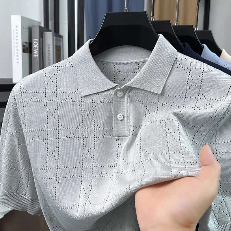 Summer Knitted Short-Sleeved Polo Shirt Lapel Button Argyle Pinhole Casual Breathable Old Money Style Solid Color Mens Clothing