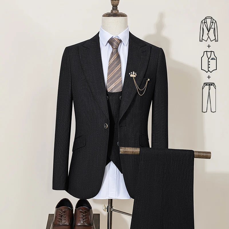 ST Cassy High-End Brand Formal Business Men's Suits Single Breasted Solid Color Slim Fit Suit Wedding Three-Piece