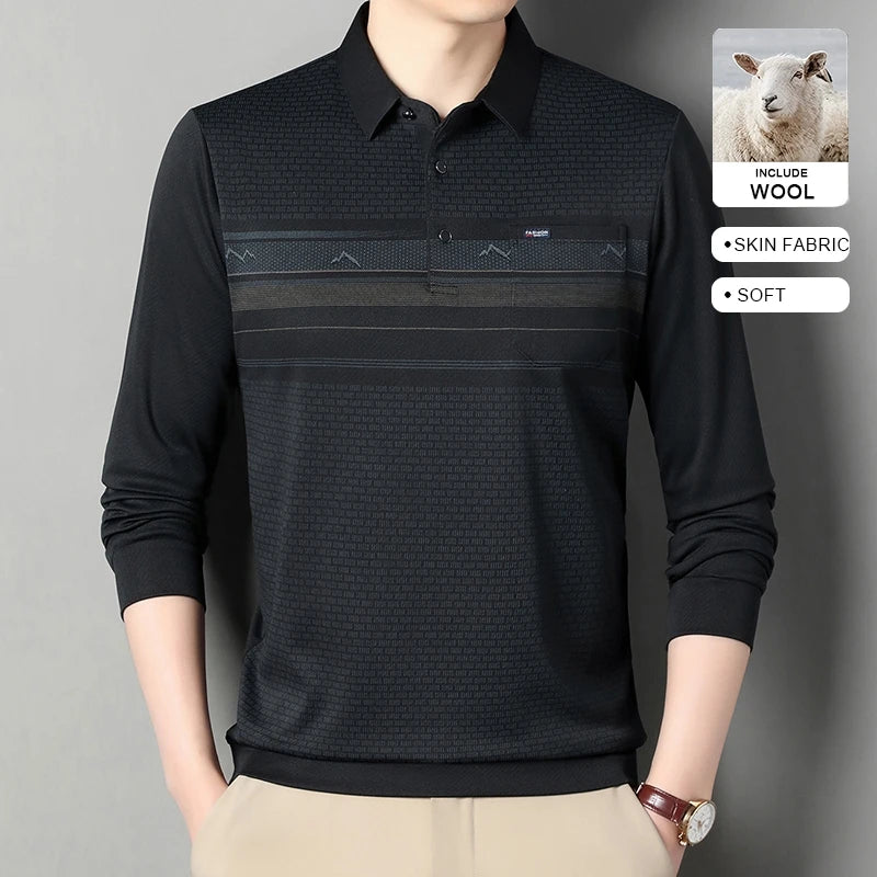 Luxury Wool Blend Fabric Men's Long Sleeve Polo Soft Touch For Father Years Classic Business Staple With Utility Focus