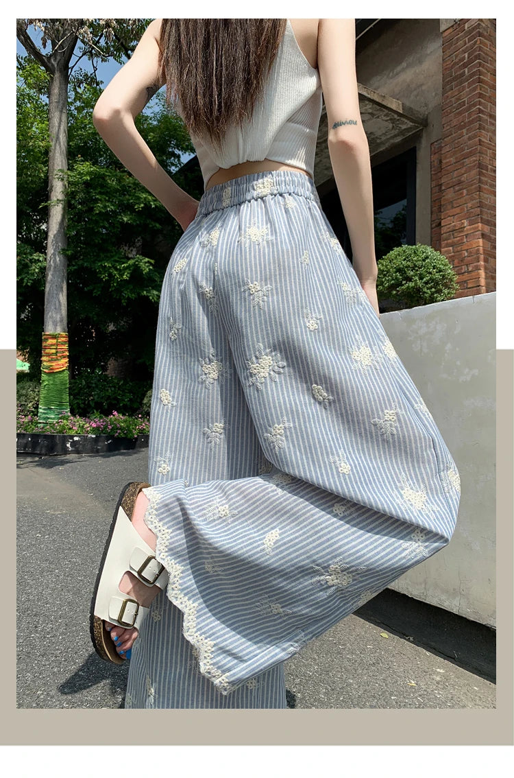 Vintage Blue Striped Embroidered Wide-leg Pants Women's Summer 2026 High-waisted Lace Stitching Casual Straight Trousers Popular