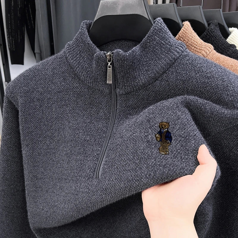 Hot Sale Quality Thicken Men's Sweater Zipper Bear Embroidery Warm Knitted Sweater Japan Winter Hoodies Fashion Soft Men's Wear