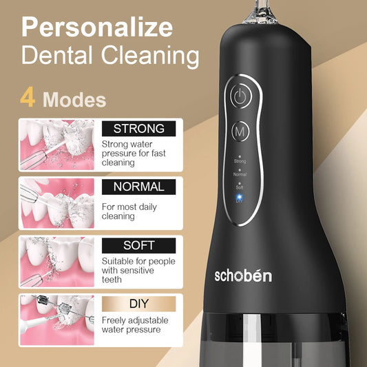 Schoben Water Flosser 2.0, a portable oral irrigator, is a rechargeable electric flosser featuring 4 cleaning modes, 5 nozzles,
