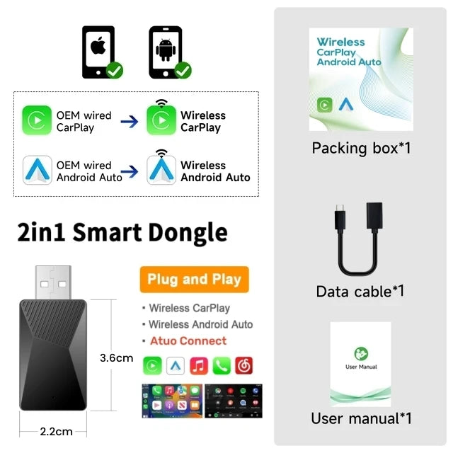 2 IN 1 CarPlay Smart Box Wired to Wireless Android Auto Adapter Car Play Dongle For Car Has CarPlay Android Auto Used by Cable