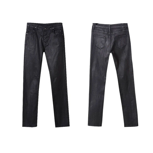 High Street Dark RO Denim Pants Men's Youth Leisure Coating Wax Surface Slim Fit Small Leg Denim Pant Streetwear Retro