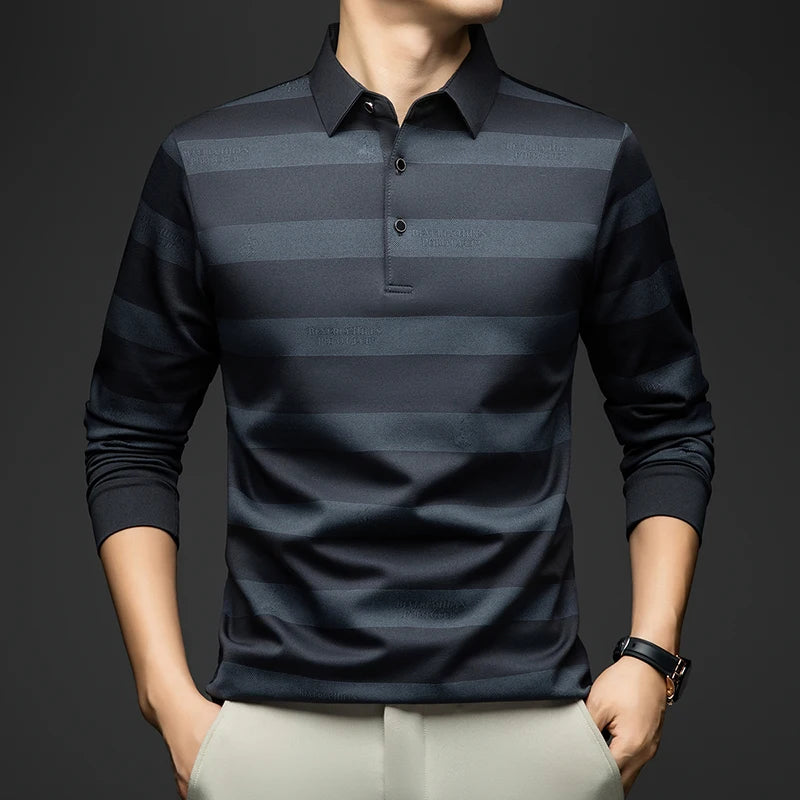 BROWON Elegant Mens Polo Shirts 2026 Spring Autumn Long Sleeve Lapel Collar Big Striped Pattern T-shirt Male New in Tops & Tees