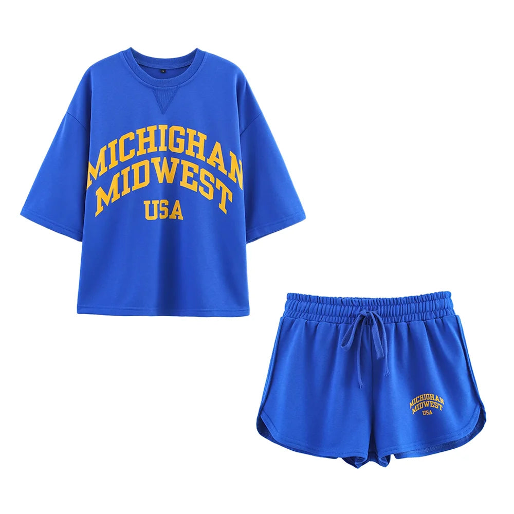 Preppy Style 2 Piece Blue Short Set for Women Washed Effect Text Cotton Short Sleeves Sweatshirt and Drawstring Waistband Shorts