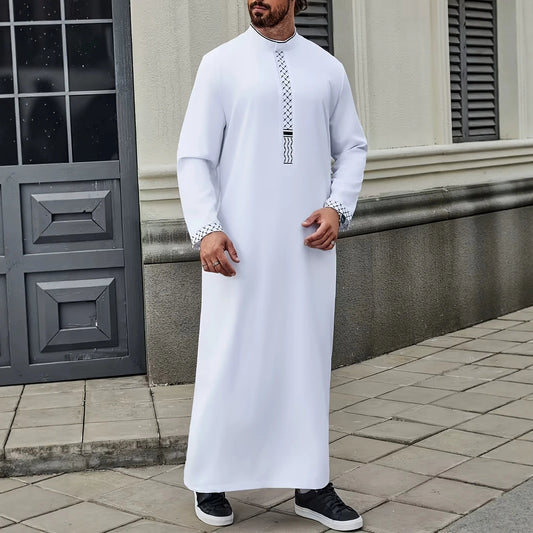 New Men's White Loose-fitting Embroidered Casual Stand-up Collar Style Long Dress Robe Abaya Ramadan Dubai Luxury Islam Elegant