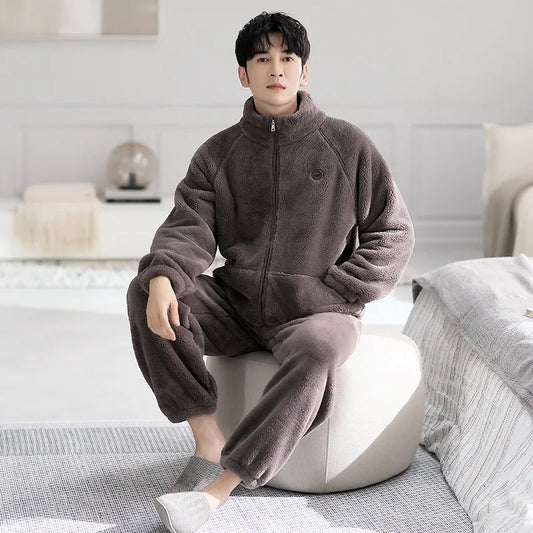 Men's Coral Fleece Pajamas Thickened Flannel Home Clothes Set Autumn Winter Style Long Sleeve Warmth Guarantee Home Scence