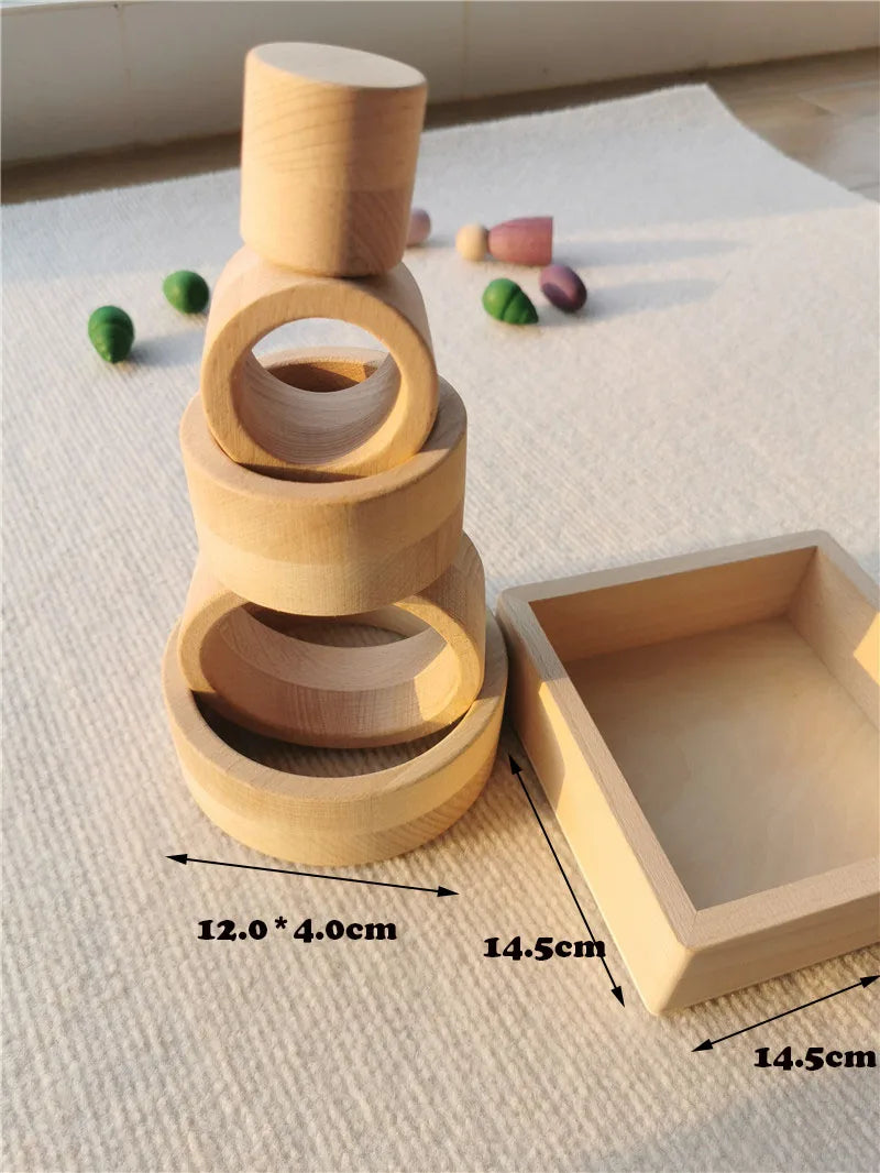 Kids Rainbow Wooden Nest Rings Unpaint Beech Stacking Blocks Creative Loose Parts Montessori Toys