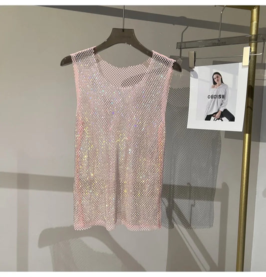 Women&Men Crystal Rhinestones Shiny Sexy Y2K Tank Tops High Quality Party Club Sexy See Through Mesh Hollow Out Diamond shirt