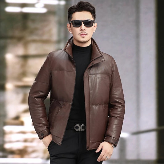 QYLVAWOY Real Leather Jacket Man Stand Collar Puffer Jacket Winter Jackets Versatile Jackets for Man Short Coat Casual Fashion