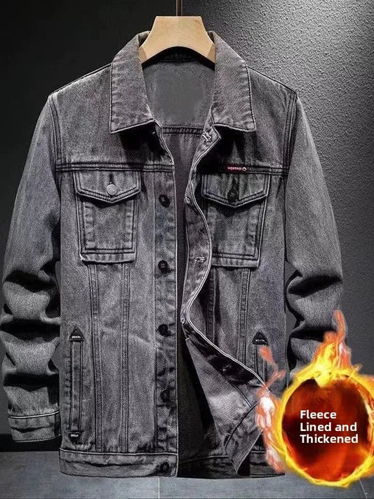 Men's Fashionable Thickened Fleece Lined Slim Fit Denim Jacket Autumn Winter Warm Stylish Workwear Top Quality Chinese Produc...