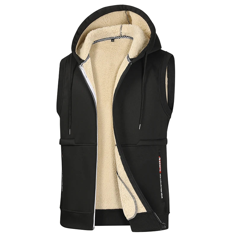 Autumn Winter Men's Lamb Wool Hooded Vest Jacket Men High Quality Vests Brand Fleece Warm Vest Coats Men Thicken Waistcoat Male