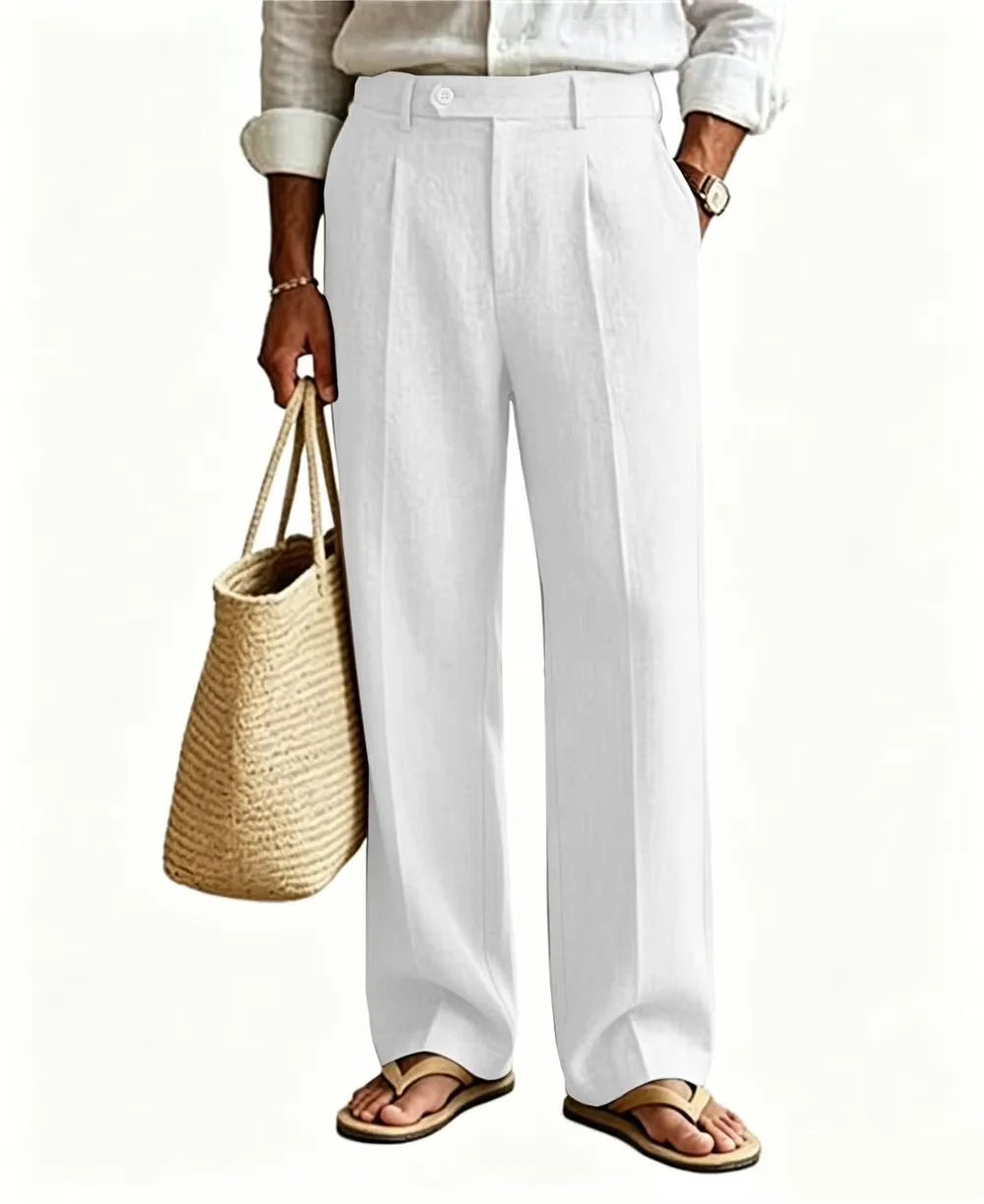 Men's Linen Beige Pants Straight Leg Trousers High Waist Pleated Lightweight Breathable Cool Summer Casual For Beach Vacation