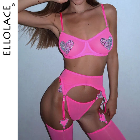 Ellolace Daring Women's Lingerie Sets Fancy Sexy Bra Belt Thong 3PC with Leg Circles Romantic Heart Rhinestone Women Underwear