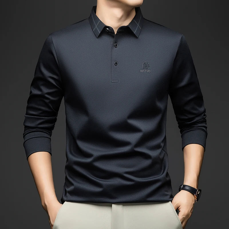 BROWON Polo Shirt for Man 2026 Spring Autumn Men Long Sleeve Polo Shirts Casual Loose Turndown Collar Wool Tops for Man Clothing