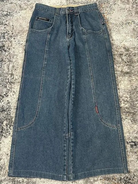 Retro Y2K American Street Style Loose Casual Wide Leg Denim Jeans Big Pocket Pattern Print Trendy mid Waist Cotton Blend