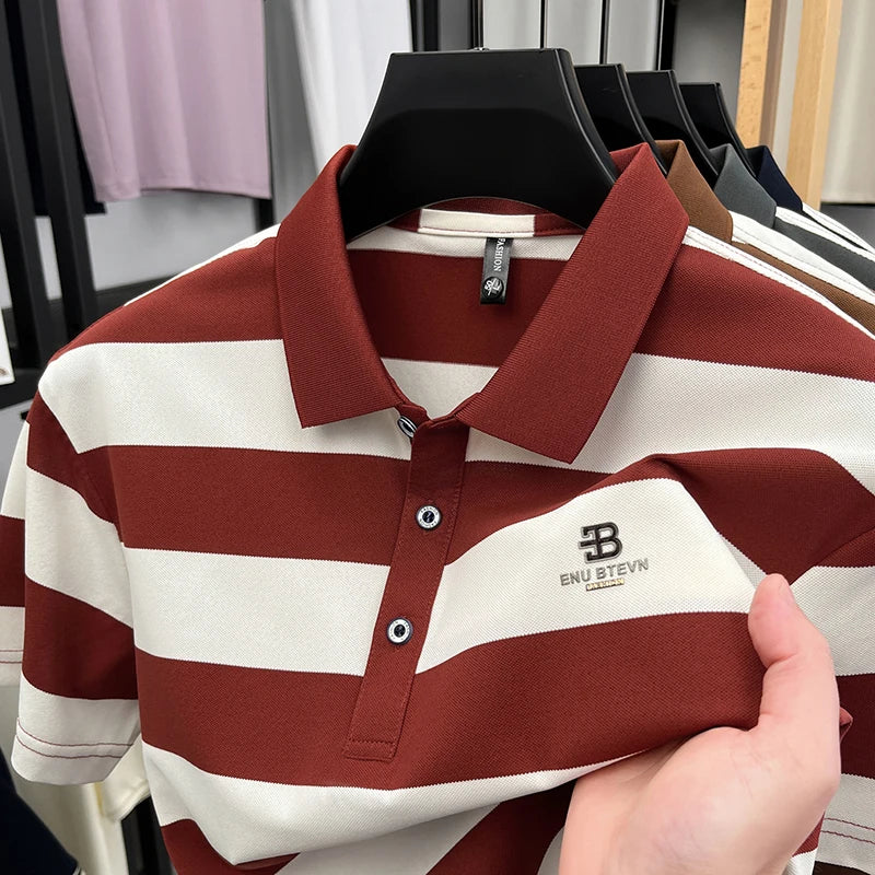 Men's Golf Polo Shirt with Collar, Short Sleeves and Wide Stripes β Breathable Summer Casual Business T-shirt