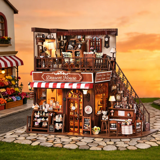 DIY Book Nook Kit Cake Shop Wooden Bookshop Dollhouse with Light Loveliness Bookshelf Insert 3D Puzzle Decor for Gift