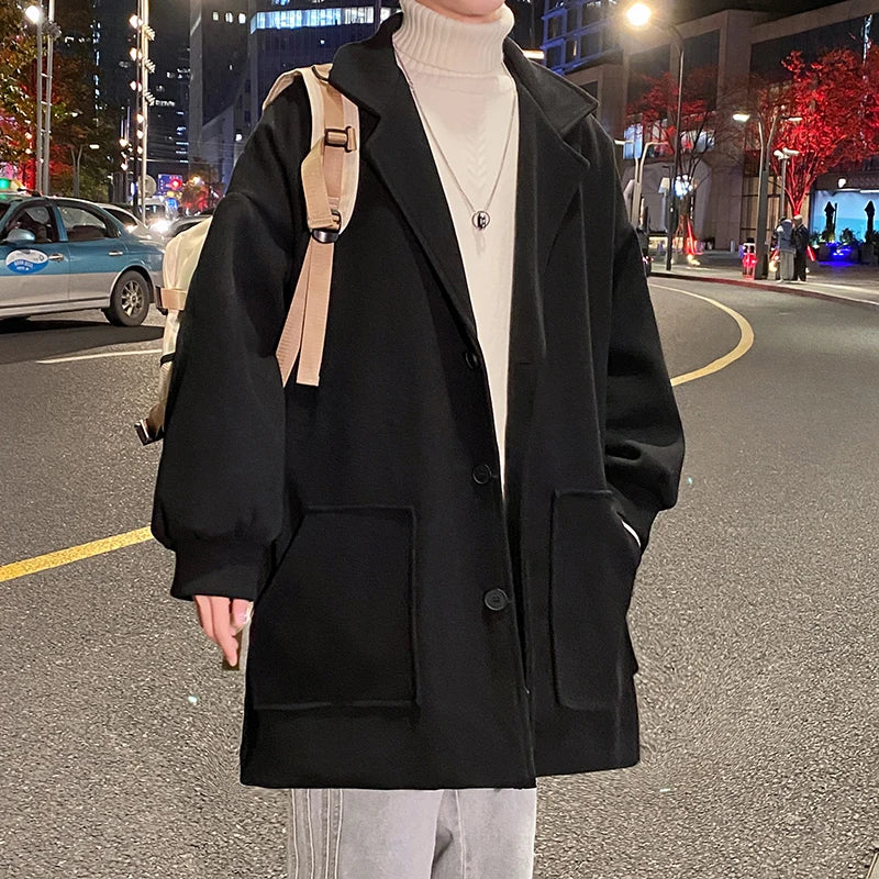 Men's Woolen Coat Autumn Winter Thickened Korean Style Middle-Length Fashionable Jacket Single-Button Pure Color Casual Coat