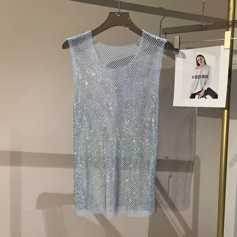 Women&Men Crystal Rhinestones Shiny Sexy Y2K Tank Tops High Quality Party Club Sexy See Through Mesh Hollow Out Diamond shirt