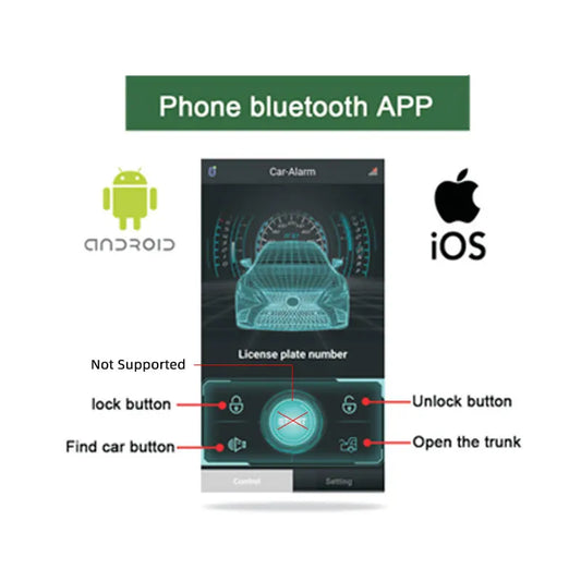 Universal Car Alarm System with Bluetooth App Control 2 Remote Keys Remote Door Locks Keyless Start System Accessories