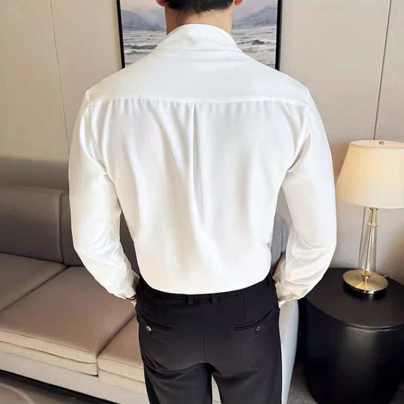 Advanced Sexy V-neck Men's Long Sleeved Shirt Designer Stand Up Collar Shirt Business Social Slim Fit Black and White Top