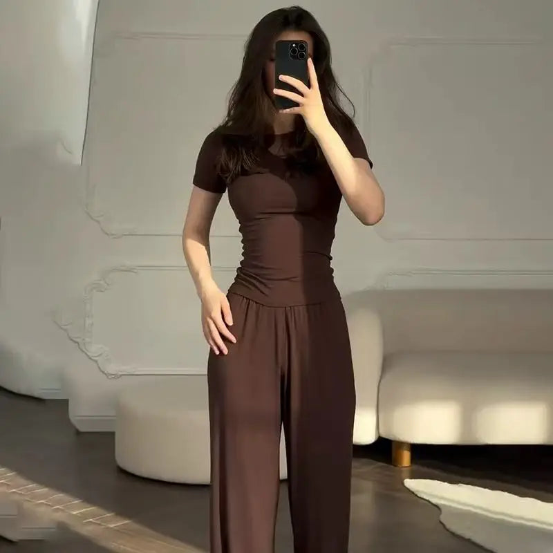 Slimming round Neck Color Top Wide Leg Pants Fashionable Two Piece Set Summer New Style Casual Wear Polyester Fiber