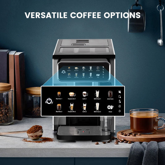 Mcilpoog AM7203 Automatic Espresso Machine ,Built-In Milk Frother & Tank, 7 Coffee Varieties, Touchscreen