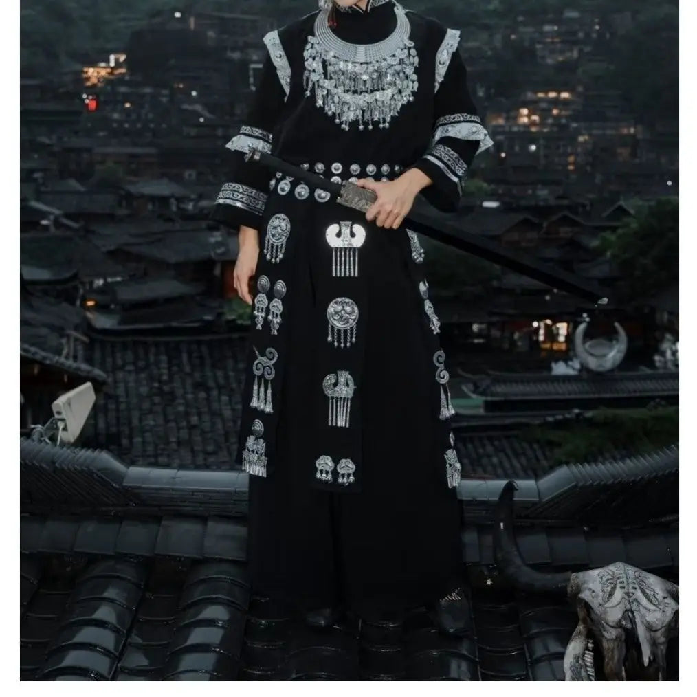 New Men's Ethnic Miao Ethnicity Clothing Set Photography Portrait Photography Long Sleeve Loose Fit round Neck Single Button