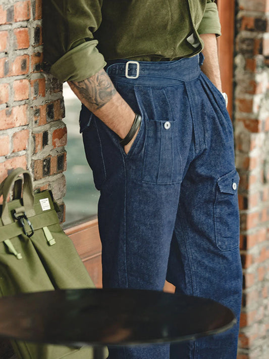 Men High-Waisted Button Suit Pants Elegant Denim Texture Italian Fabric Daily Commuting Wear